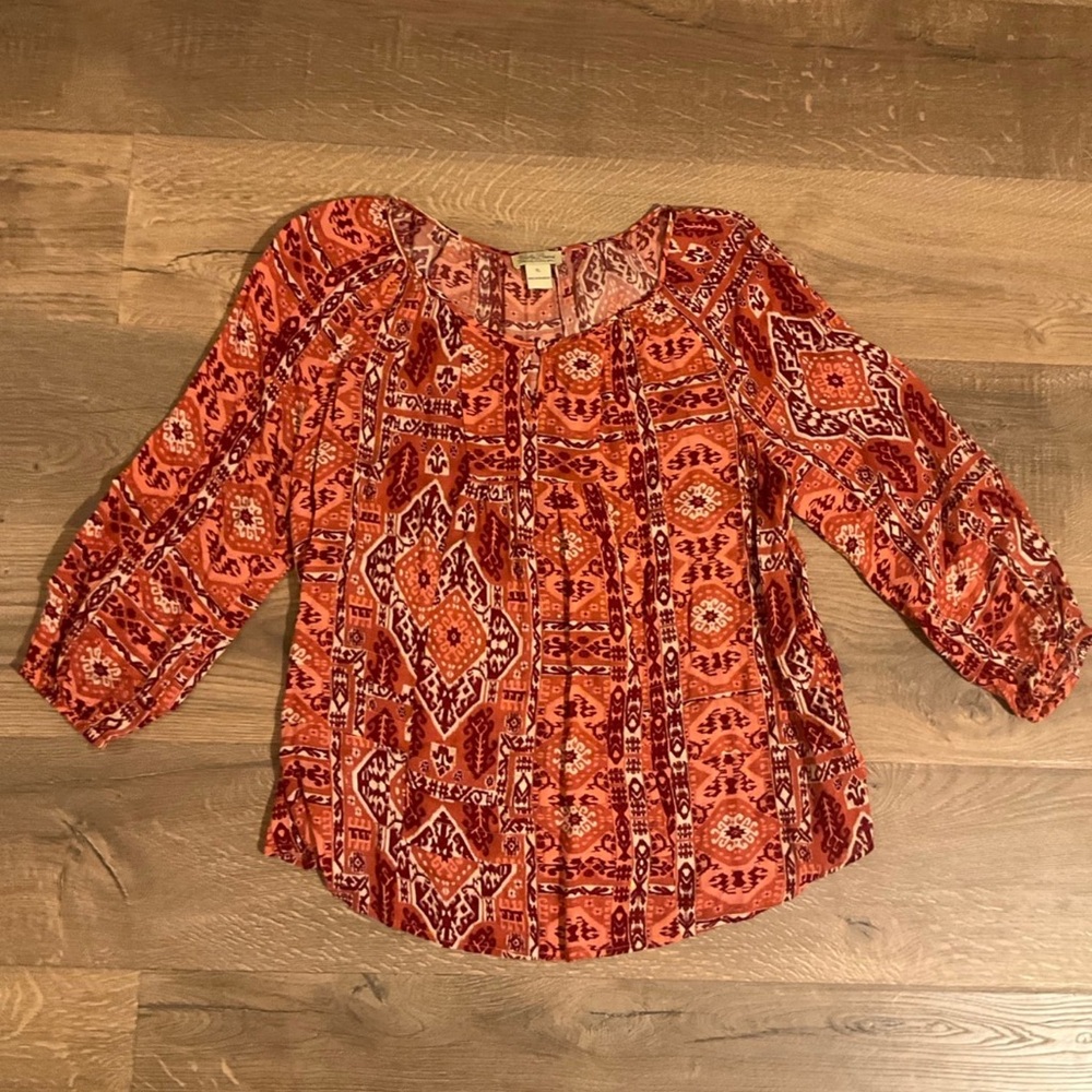 Lucky Brand Live in Love red, pink ikat print long sleeved blouse, XL